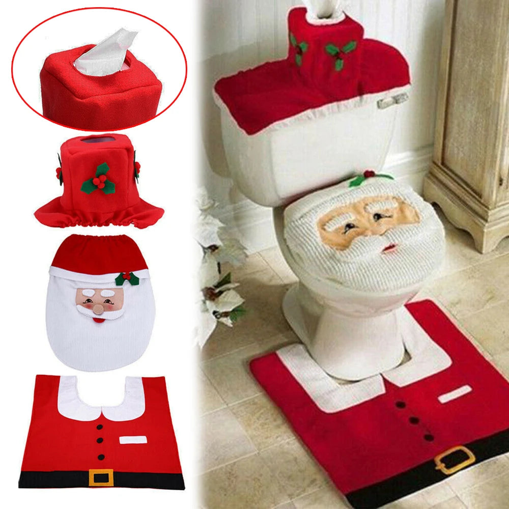 3pcs Christmas Toilet Cover Set | Bathroom Decor with Anti-Slip Bath Mat & Santa Tissue Cover | Holiday Home Decoration 2024