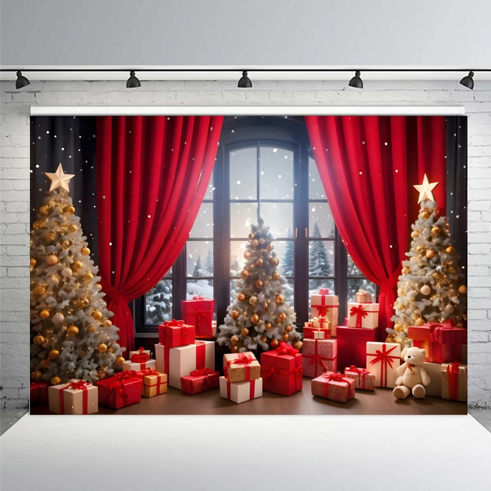 Christmas Tree Party Backdrop Winter Xmas Tree Window Red Curtains Candle Bear Gifts decor Baby Family Portrait Photo Background