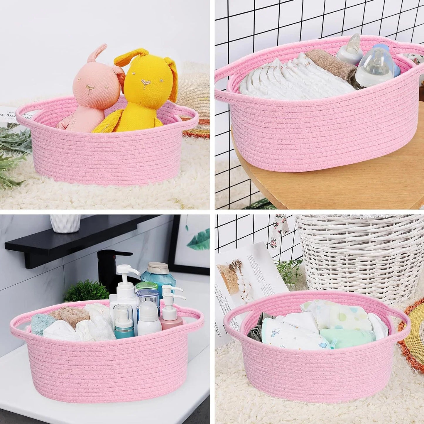 Small Woven Storage Basket w/ Gift Bag & Ribbon – Baby Toy, Diaper Organizer, Durable Rope Basket w/ Handle