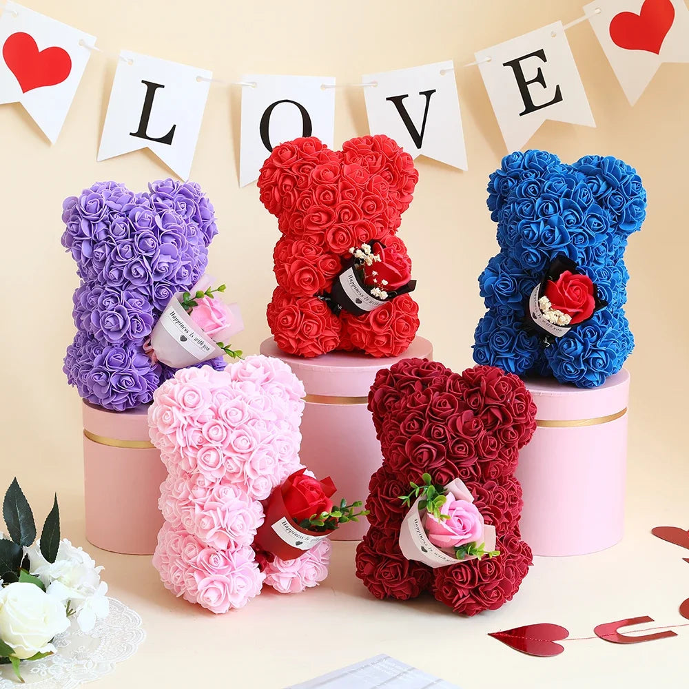 Valentine's Day Gift - 25cm Artificial Rose Bear with Box | Perfect Gift for Girlfriend, Women, Mother's Day, Birthday, Wedding Party