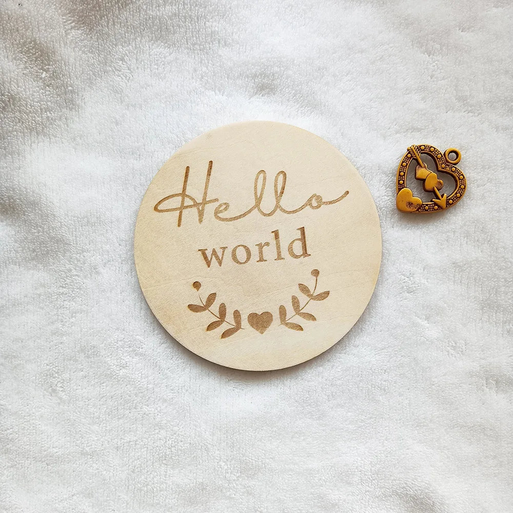 Baby Wooden Milestone Card | Engraved "Hello World" Newborn Photography Prop | Natural Wood Milestone Chips for Children