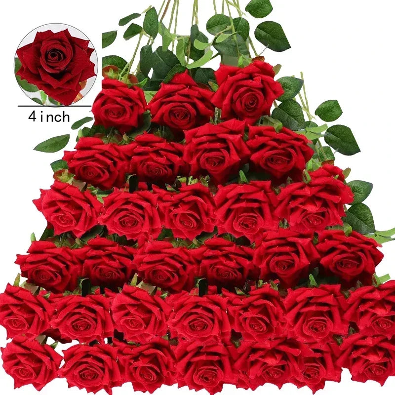 50PCS Real Touch Velvet Artificial Roses | Lifelike Fake Flowers for Valentine's, Weddings & Home Decor