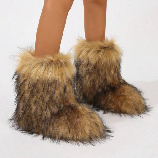 Winter Fur Imitation Raccoon Snow Boots for Women - Bright Colors – Mid-Calf Fluffy Boots with Plush Lining, Flat Heel