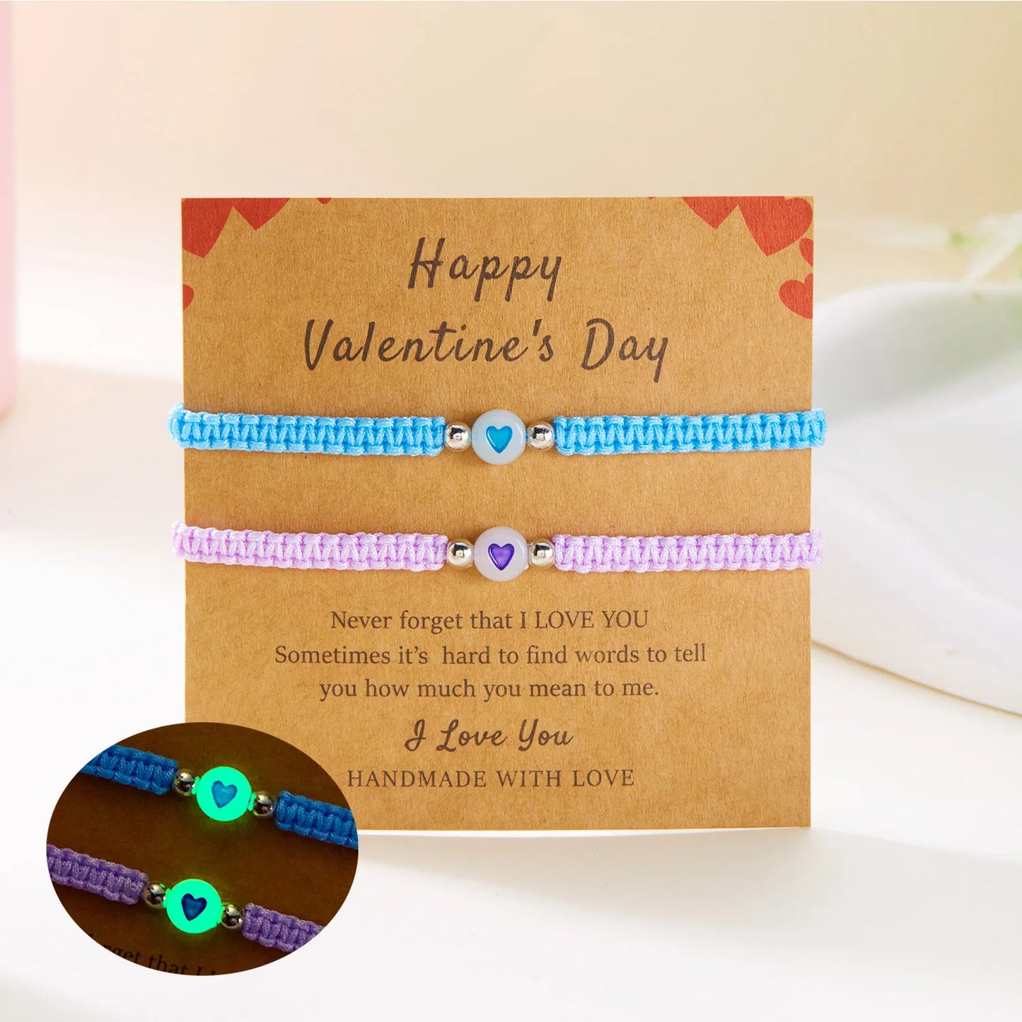 2PCS Luminous Heart Cache Bracelet – Adjustable Handmade Matching Promise Jewelry for Couples & Friends