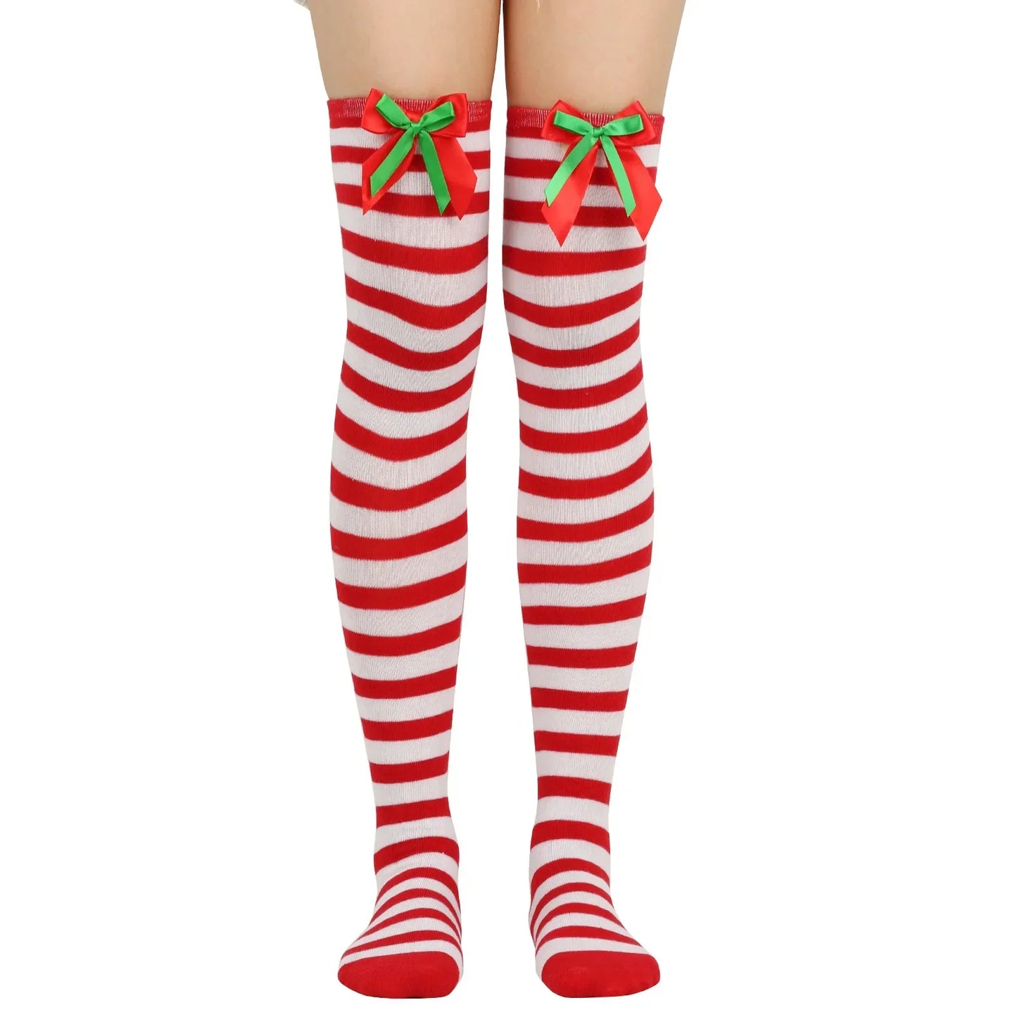 Women Over Knee Socks Christmas Striped Thigh High Stockings | Knee High Socks Cotton Polyester