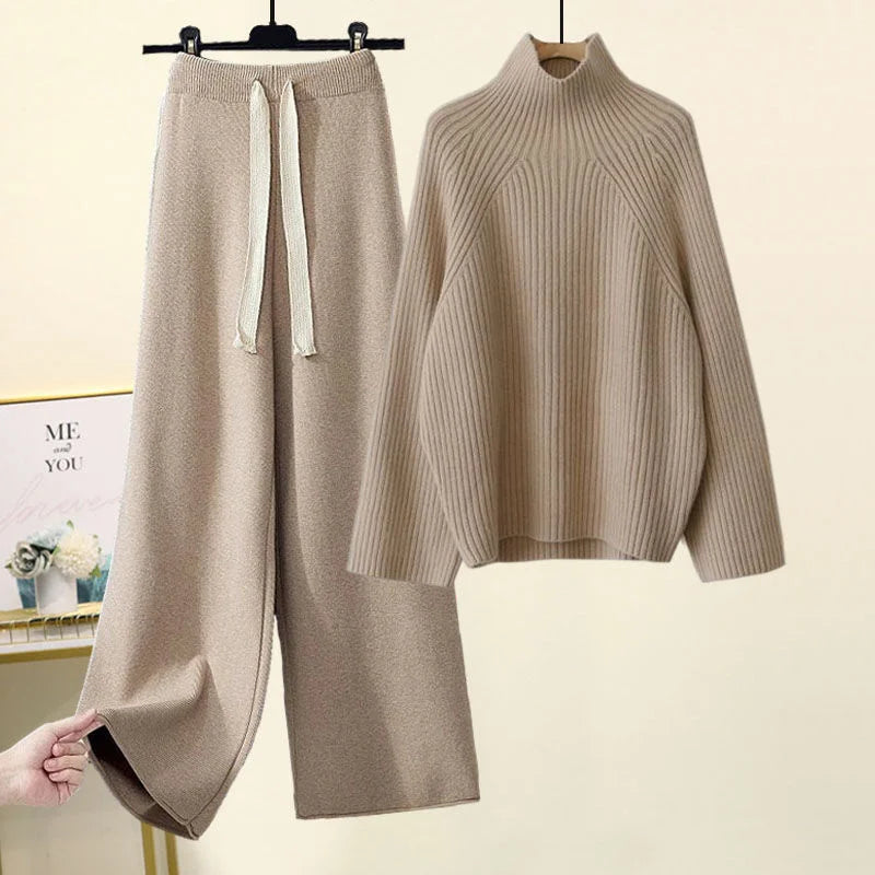 💎 Cozy Winter Knitwear Set for Women | Turtleneck Sweater + High-Waist Wide-Leg Pants 💎