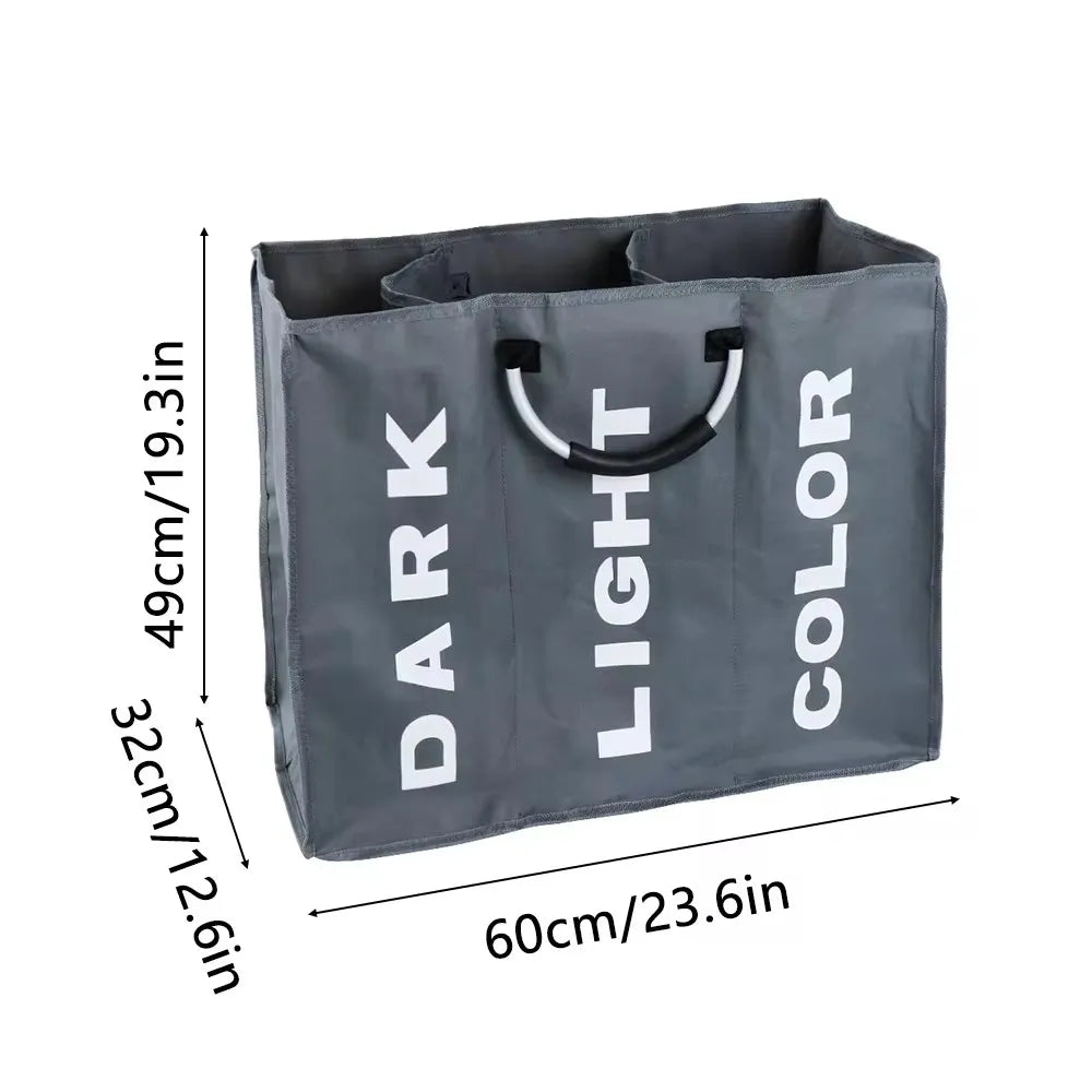 1pc Foldable Laundry Basket with 3 Grids – Waterproof Oxford Cloth Dirty Clothes Storage Bag