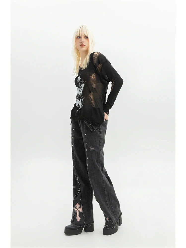 Women’s Black Gothic Oversized Jeans - Y2K Vintage Aesthetic Wide Leg Trousers