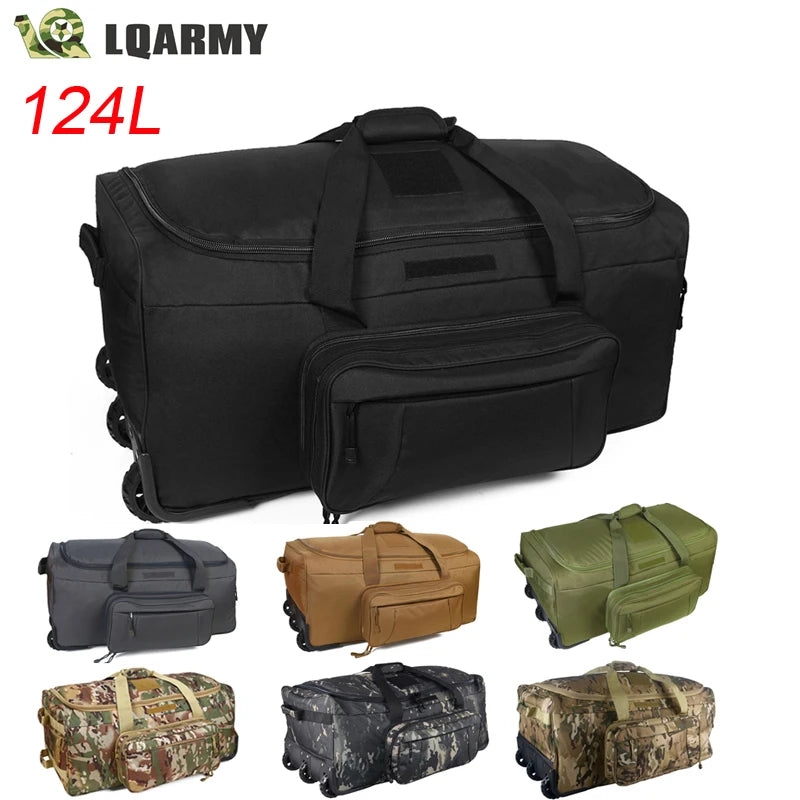 👜 124L Large Capacity Outdoor Travel Bag 🚀 Waterproof Nylon Trolley Case 🏞️ Military-Style Practical Storage 🏕️