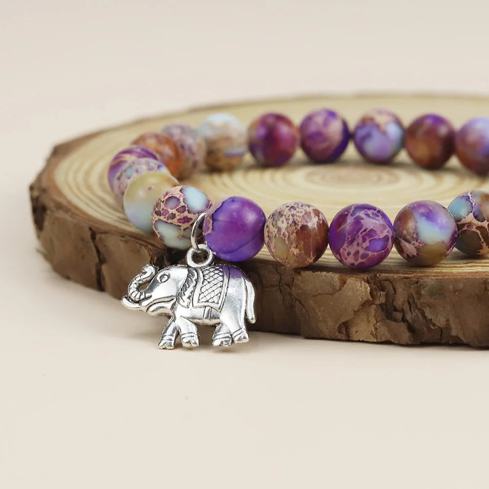 Cache Bracelet - Natural Stone Emperor Bead Bracelet – Pink Zebra Elephant Design with Blessing Card, Women’s Gift