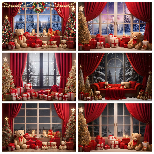 Christmas Tree Party Backdrop Winter Xmas Tree Window Red Curtains Candle Bear Gifts decor Baby Family Portrait Photo Background