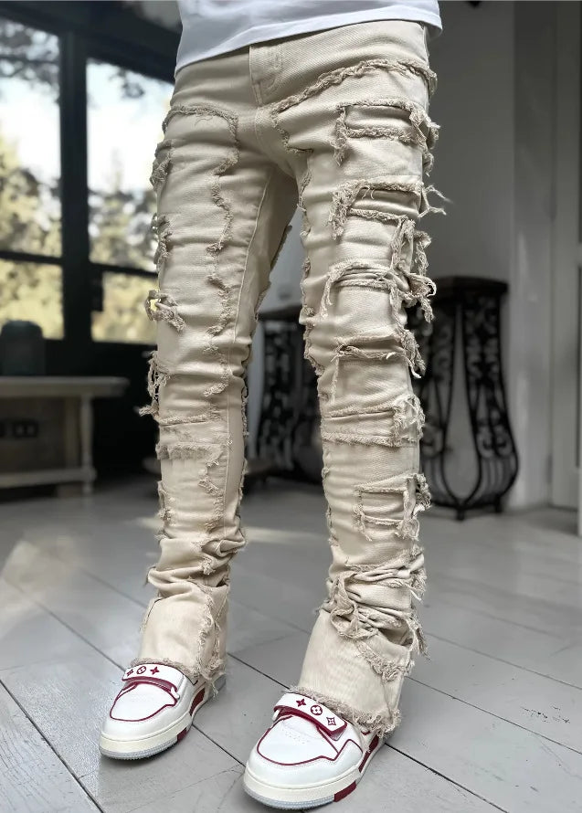 High Street White Men's Stacked Jeans | Hip-Hop Style Denim Pants Upgrade Your Wardrobe with Edgy Streetwear! Jeans for men