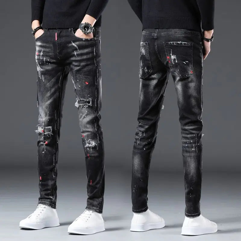 New Arrival Men's Slim Distressed Denim Jeans | Paint Splatter Ripped Streetwear | Spring & Autumn Luxury Jeans