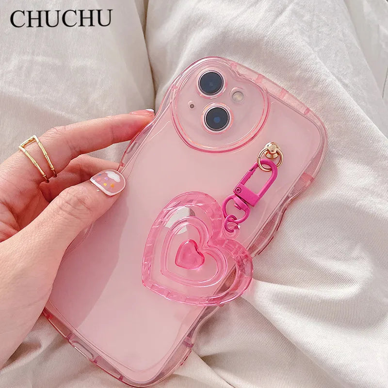 Korean 3D Love Heart wave transparent Silicone Case For iPhone 15 14 12 13 Pro Max 11 X XR 7 8 Plus Cute Keychain Soft Cover