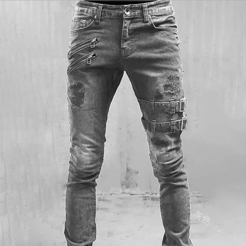 Men's Street Skinny Ripped Jeans Y2K Denim Cargo Pants Mid Waist Joggers Hip Hop Slim Fit Trousers