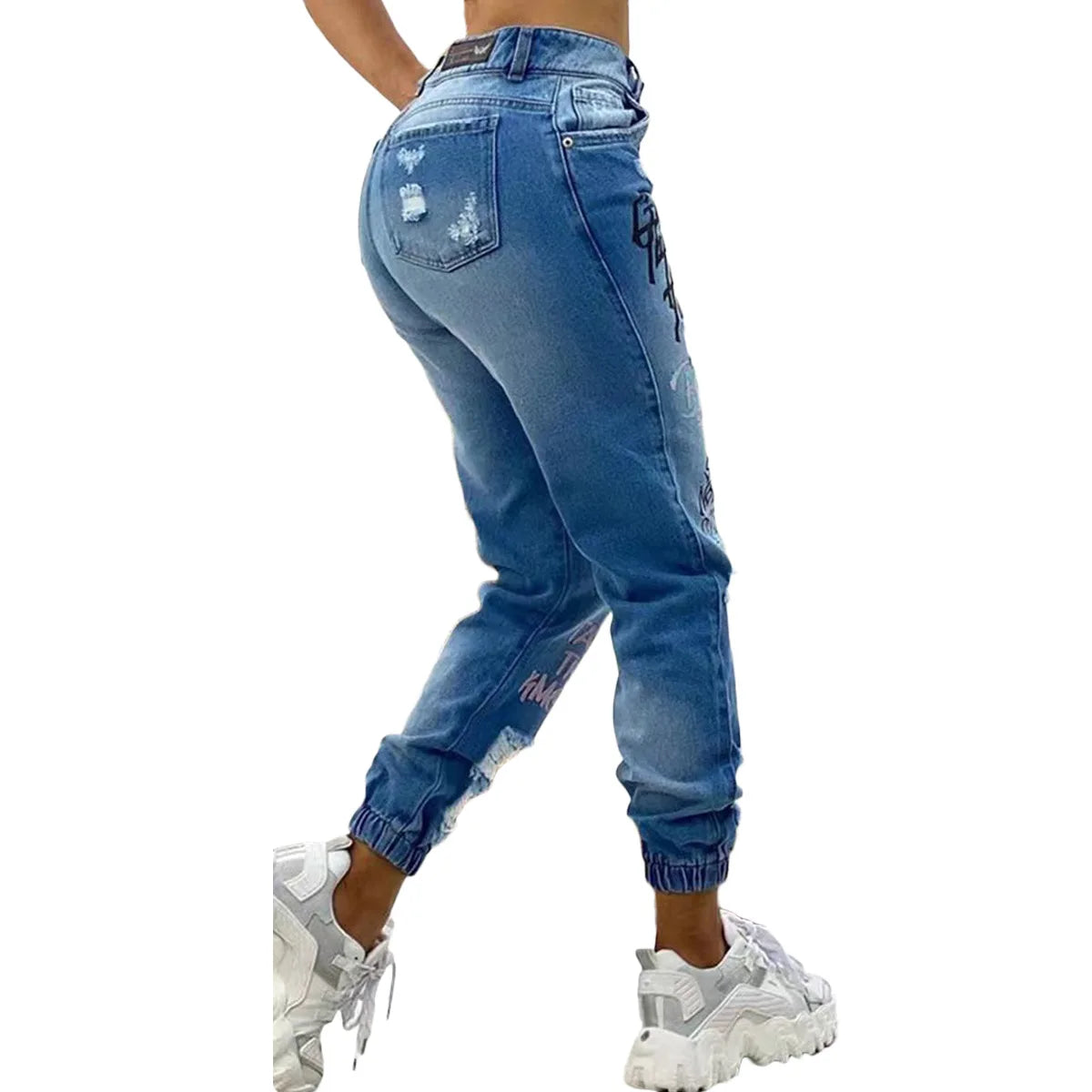 2024 New Women's Letter Print Ripped Jeans - Casual High Waist Straight Leg Slant Pocket Denim