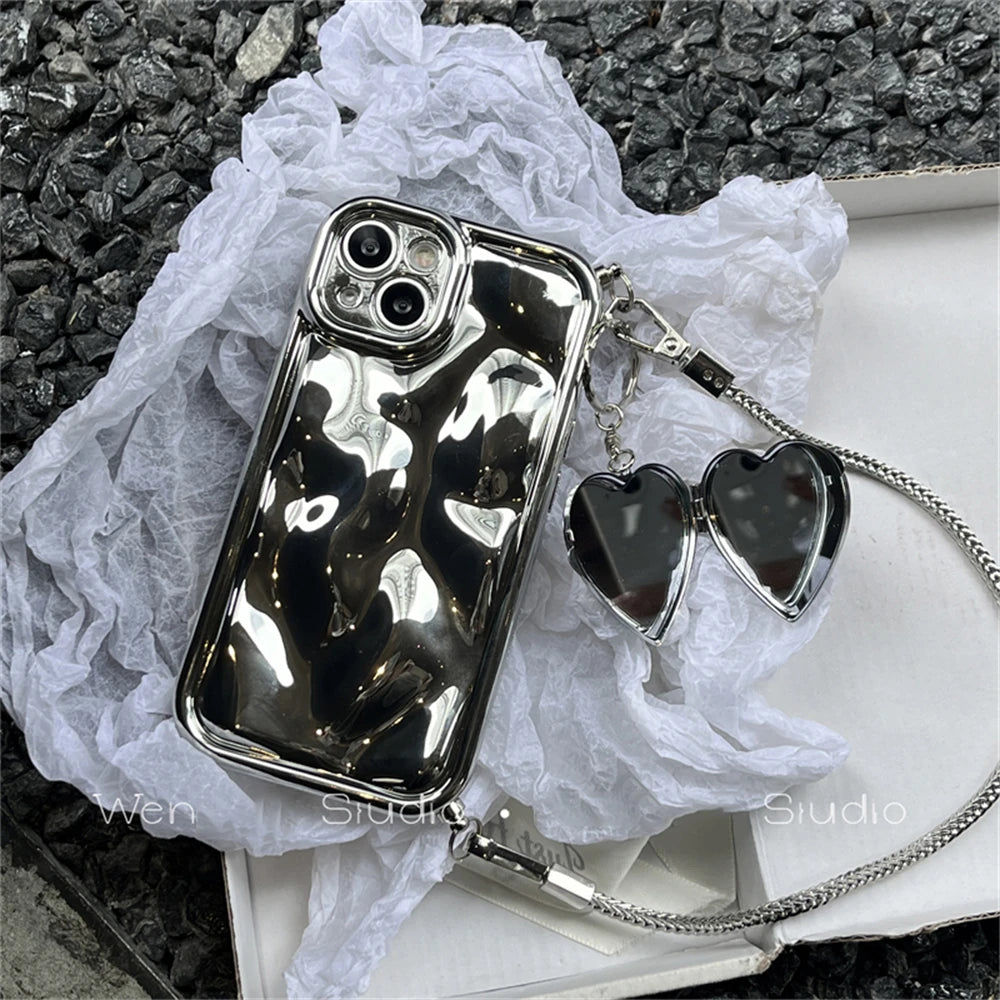 Laser Meteorite Heart Mirror Bracelet Chain Case for iPhone 14 13 12 11 Pro Max