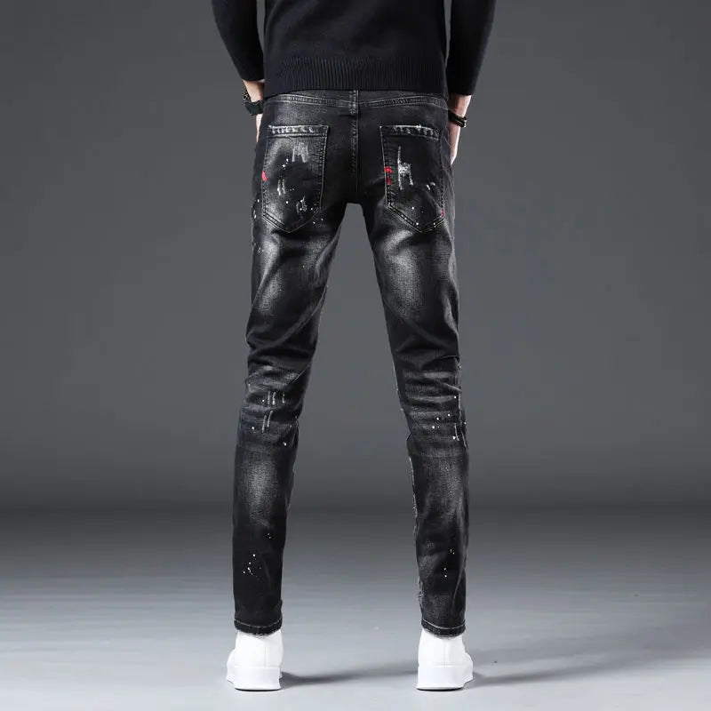 New Arrival Men's Slim Distressed Denim Jeans | Paint Splatter Ripped Streetwear | Spring & Autumn Luxury Jeans