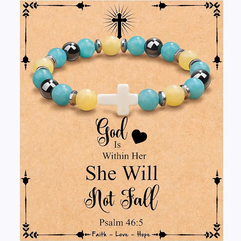 Christian Cross Bracelet for Women – Faithful Religious Easter Gift, Natural Stone Beaded Jewelry