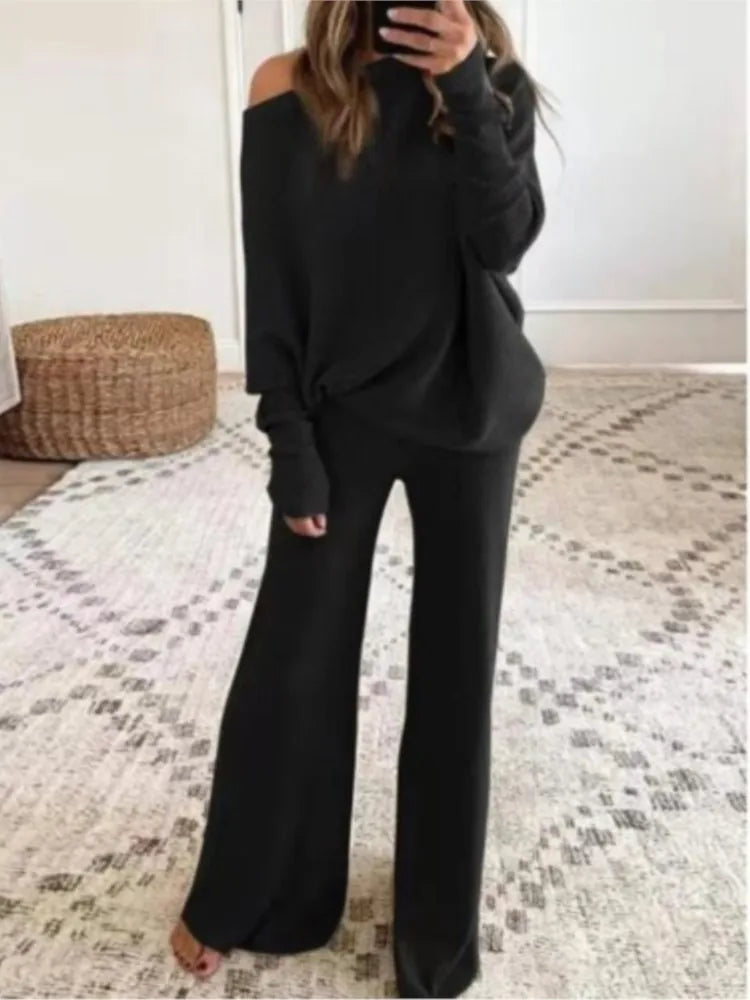 🌟 Women's Elegant 2-Piece Knitted Suit – Long-Sleeved Bateau Collar Top + Wide-Leg Pants  🌟