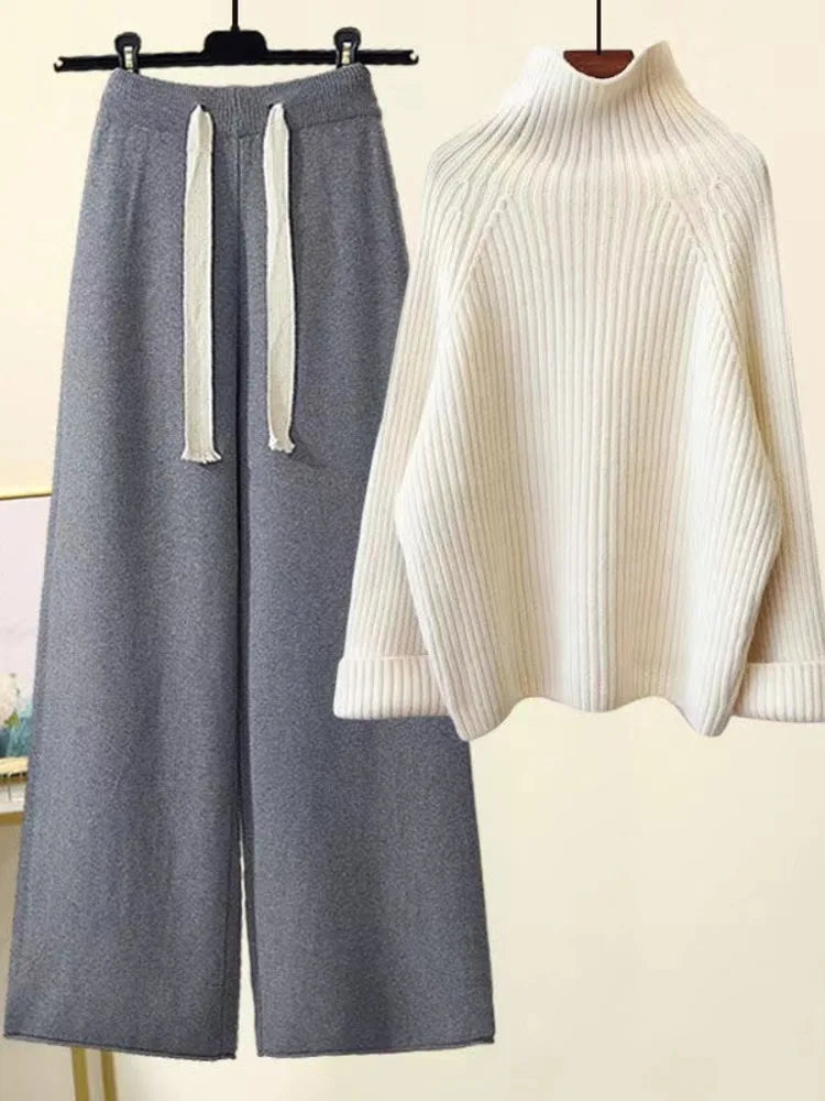 💎 Cozy Winter Knitwear Set for Women | Turtleneck Sweater + High-Waist Wide-Leg Pants 💎