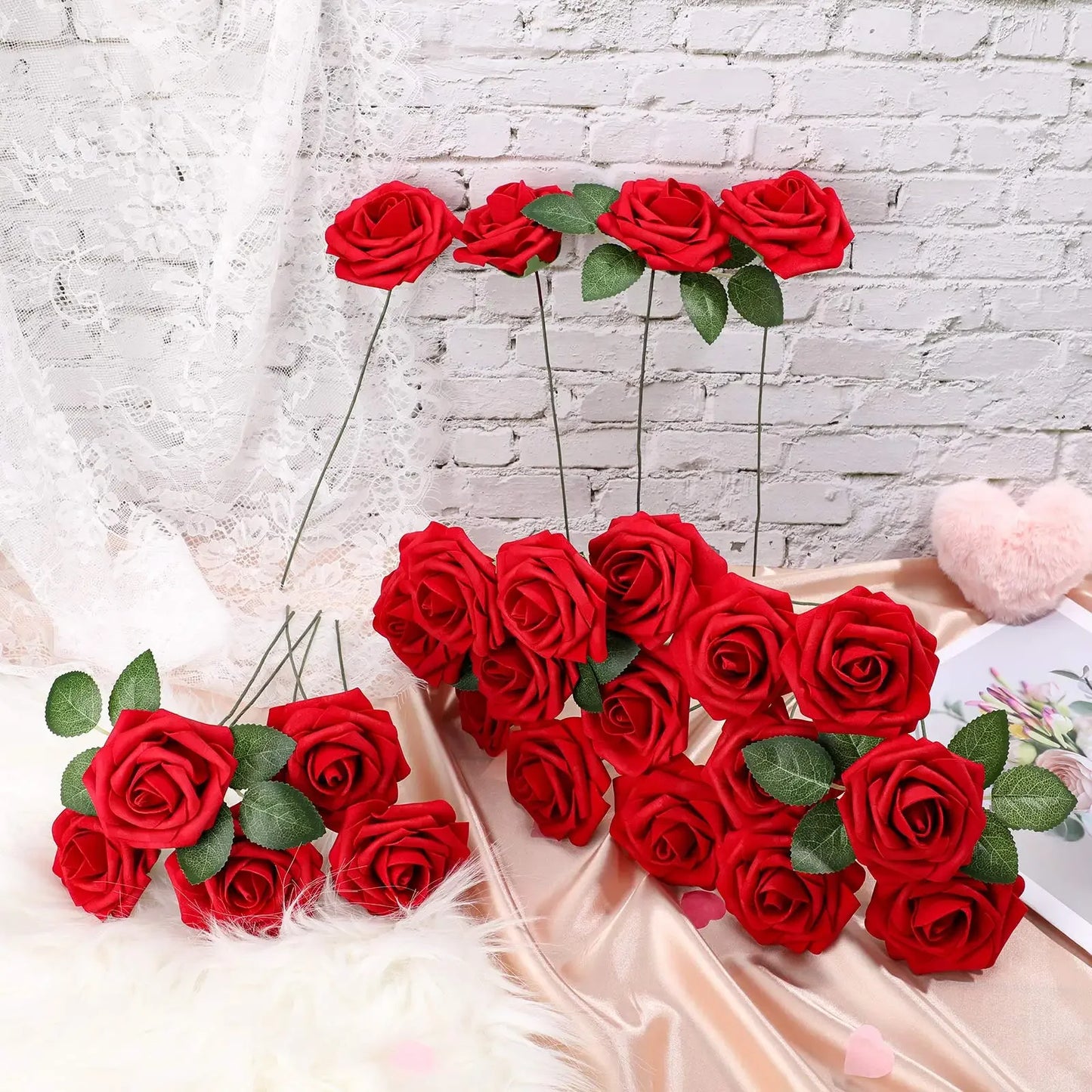 10/25PCS Realistic Artificial Red Roses 🌹 | Fake Flowers w/ Stems for Wedding, Party, Home & Holiday Decor