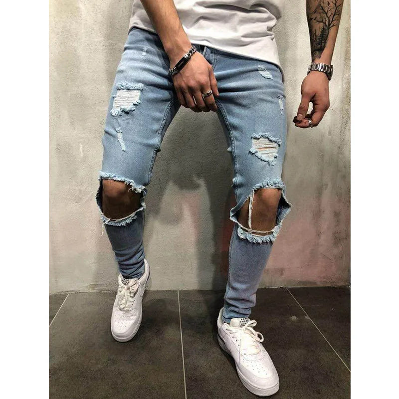 Men's High-Waisted Ripped Jeans 👖 Slim-Fit Stretch Denim Pants – Casual Pencil Trousers