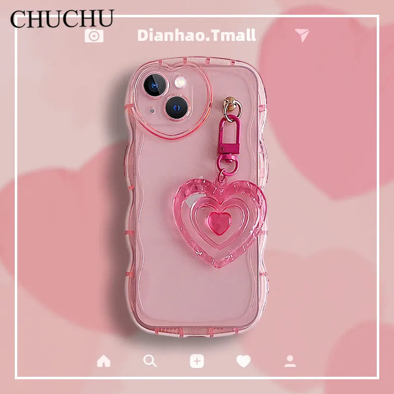 Korean 3D Love Heart wave transparent Silicone Case For iPhone 15 14 12 13 Pro Max 11 X XR 7 8 Plus Cute Keychain Soft Cover