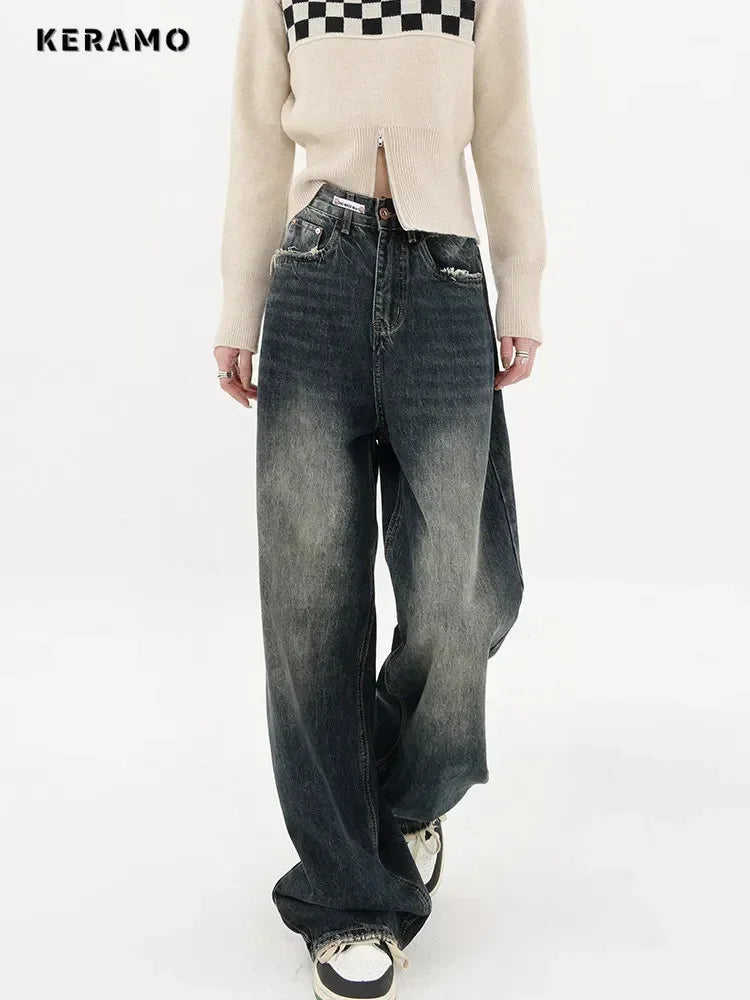 Streetwear Retro High Waist Loose Wide-Leg Jeans