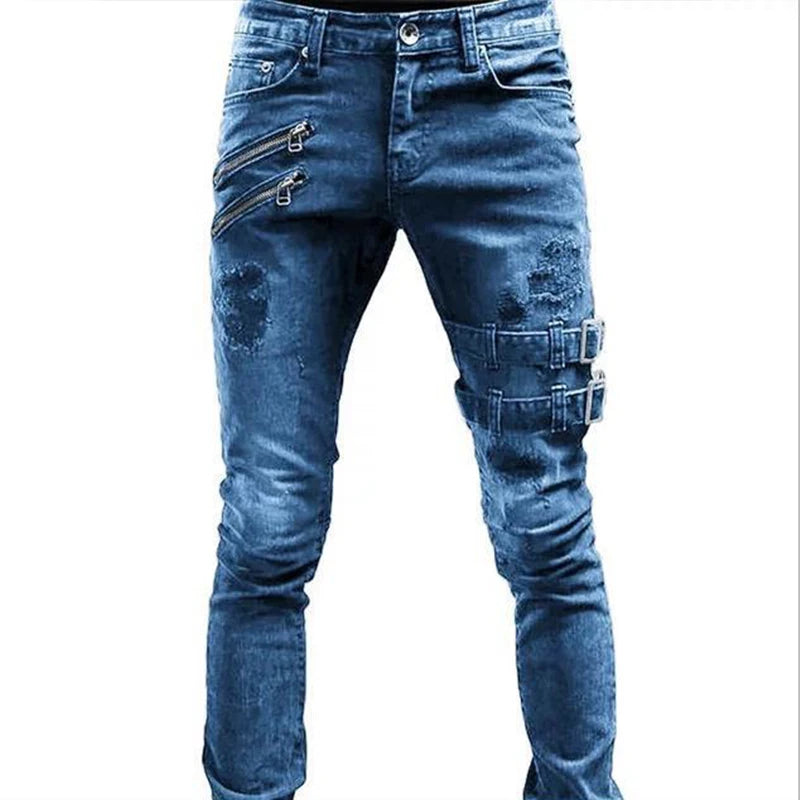 Men's Street Skinny Ripped Jeans Y2K Denim Cargo Pants Mid Waist Joggers Hip Hop Slim Fit Trousers