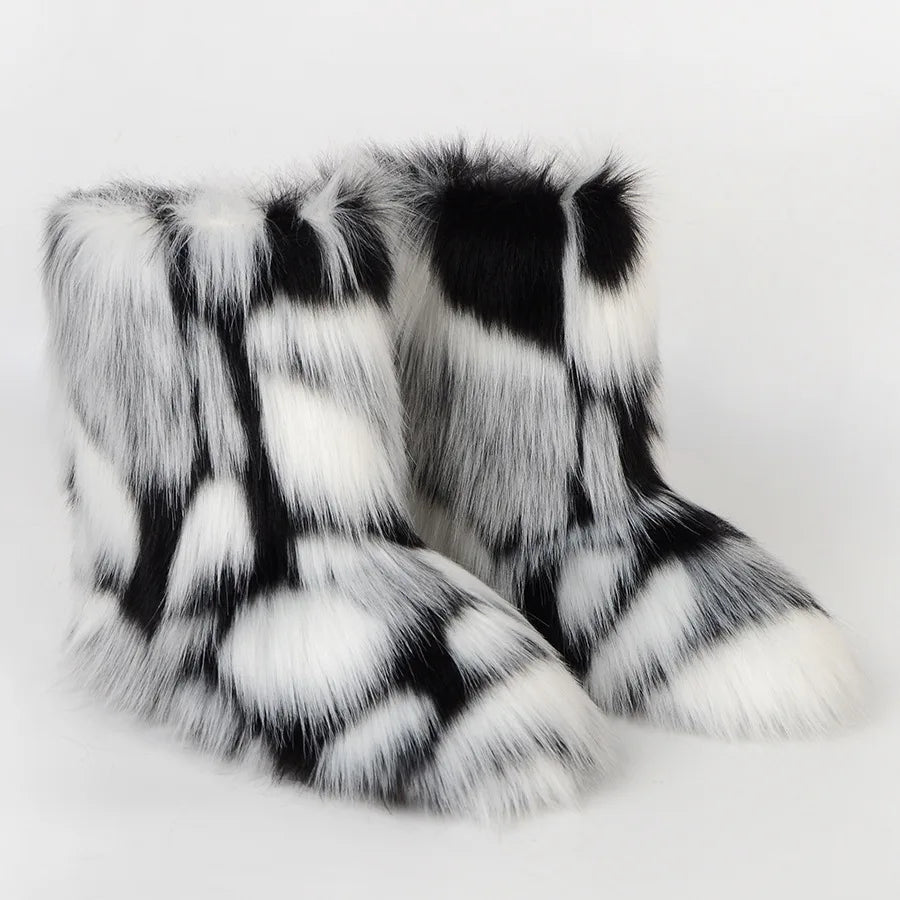 Winter Fur Imitation Raccoon Snow Boots for Women - Bright Colors – Mid-Calf Fluffy Boots with Plush Lining, Flat Heel