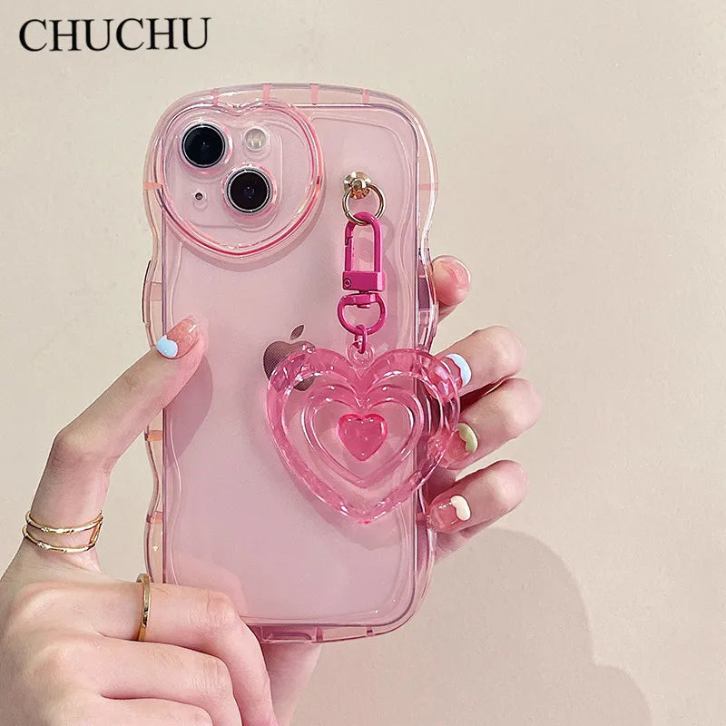 Korean 3D Love Heart wave transparent Silicone Case For iPhone 15 14 12 13 Pro Max 11 X XR 7 8 Plus Cute Keychain Soft Cover