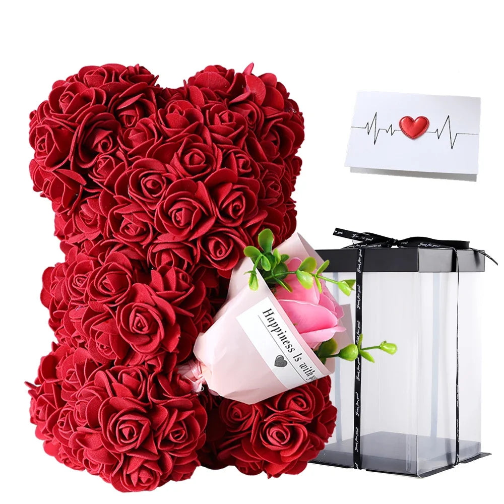 Valentine's Day Gift - 25cm Artificial Rose Bear with Box | Perfect Gift for Girlfriend, Women, Mother's Day, Birthday, Wedding Party