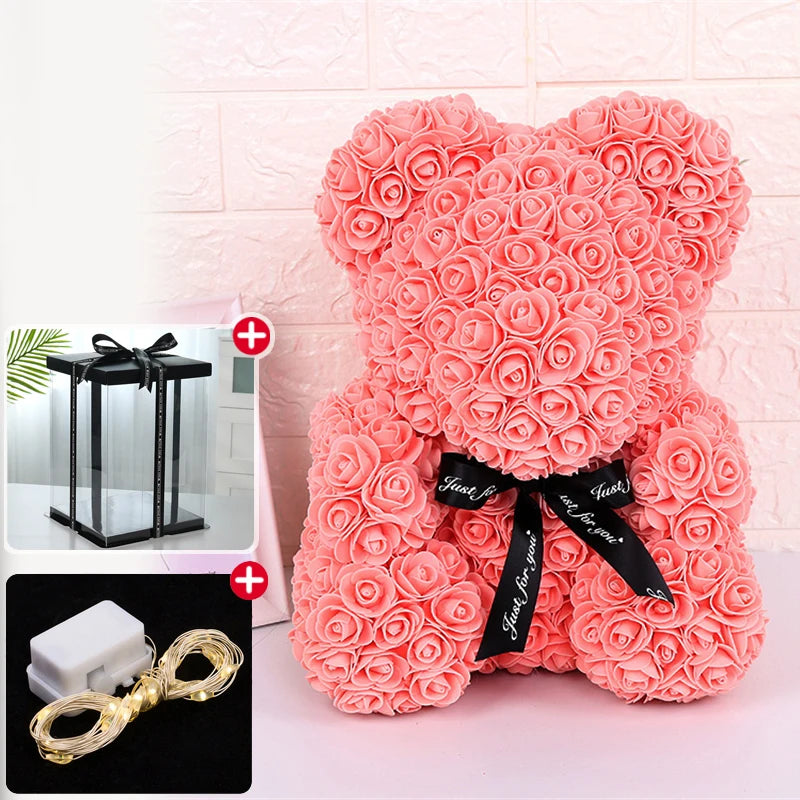 Valentine's Day Rose Bear with Gift Box and Lights – Eternal Love Teddy Bear for Women & Girlfriend