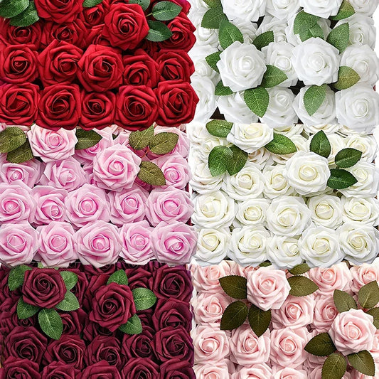 50/5PCS Artificial Foam Roses 🌹 | DIY Wedding Bouquets, Party & Home Décor | Fake Rose Heads with Stems