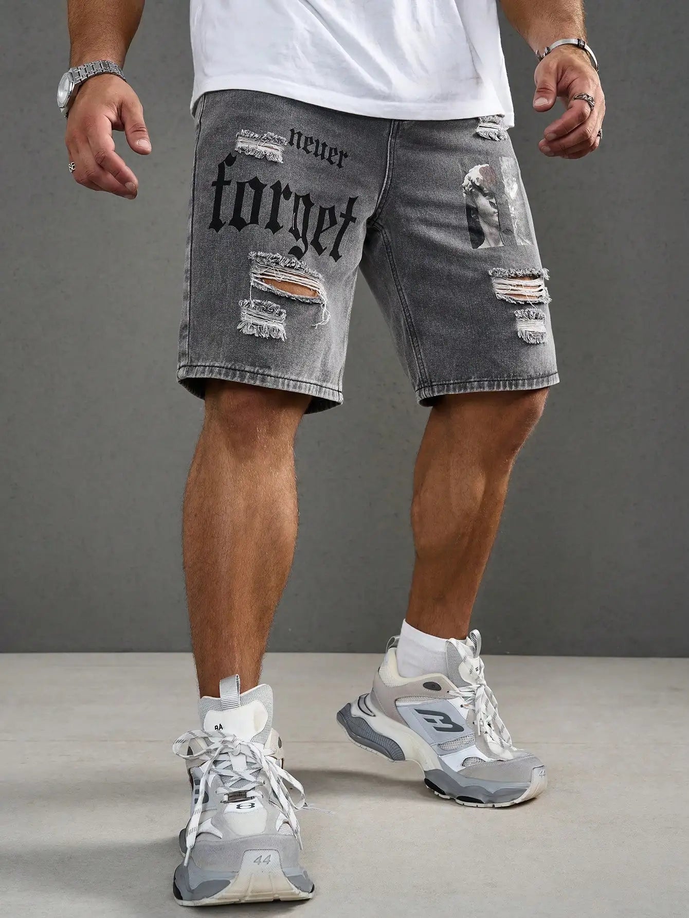 Men Summer Stretchy Denim Shorts Jeans For Men Streetwear Letter Ripped Knee length Baggy Comfort Cargo Casual Shorts Pants Jean