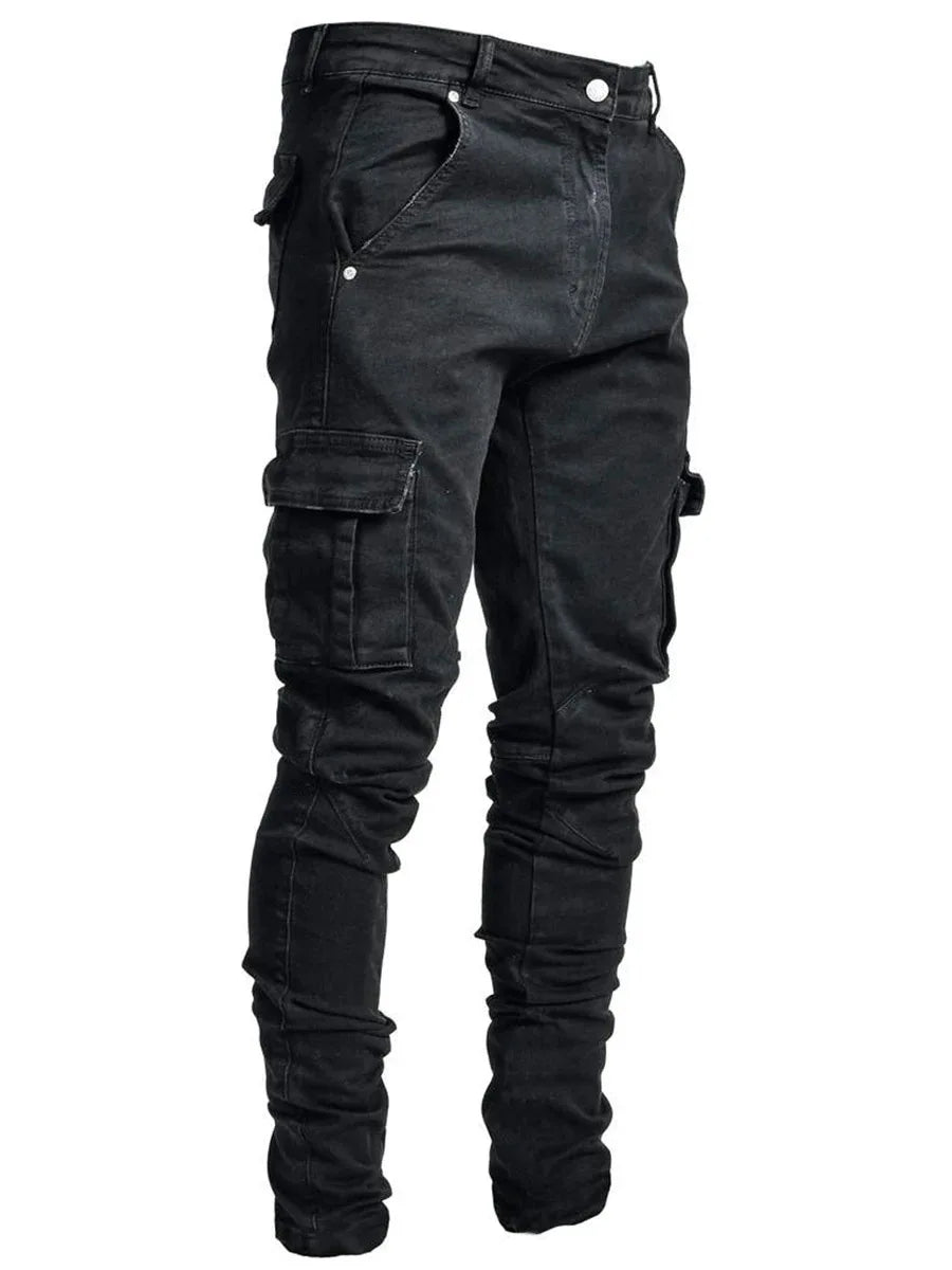 Men's Elastic Denim Cargo Pants 👖 | Multi-Pocket Slim Fit Casual Joggers | Mid-Waist Daily Wear