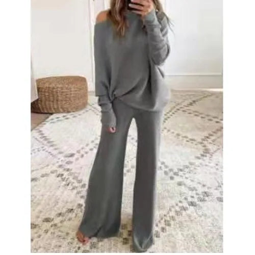 🌟 Women's Elegant 2-Piece Knitted Suit – Long-Sleeved Bateau Collar Top + Wide-Leg Pants  🌟