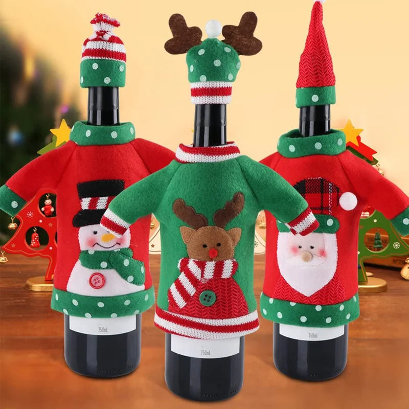 Creative Christmas Wine Bottle Set | Golden Velvet Dress Covers | Santa & Snowman Table Decor for Holiday Celebrations