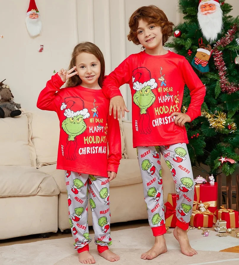 Christmas Family Matching Pajamas – Santa Cartoon Print PJs for All Ages (Including Baby & Dog!) 🎅🎄