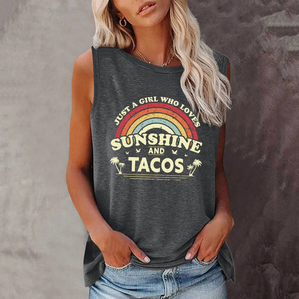 Summer Tee for Women - Sunshine & Tacos Tank Top – Y2K Aesthetic Sleeveless Graphic Tee