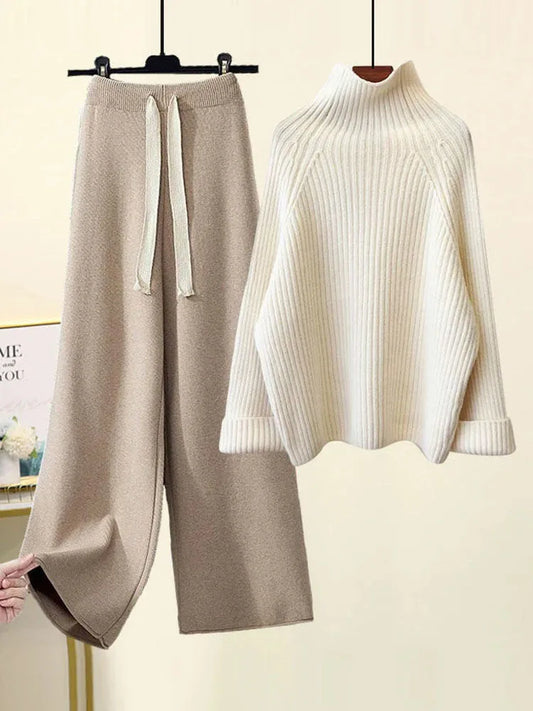 💎 Cozy Winter Knitwear Set for Women | Turtleneck Sweater + High-Waist Wide-Leg Pants 💎