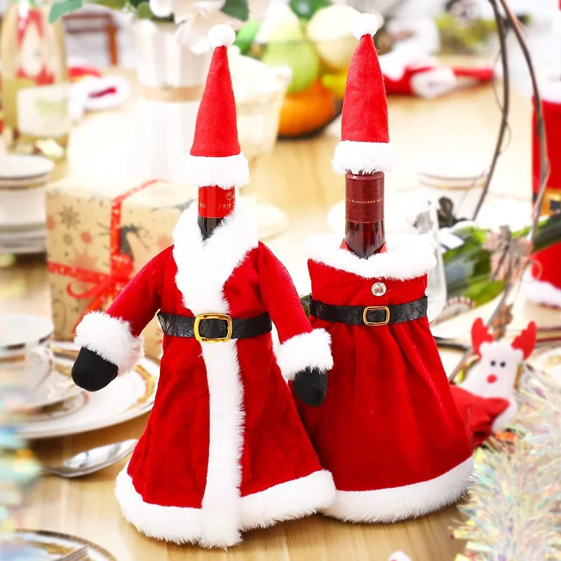 Creative Christmas Wine Bottle Set | Golden Velvet Dress Covers | Santa & Snowman Table Decor for Holiday Celebrations