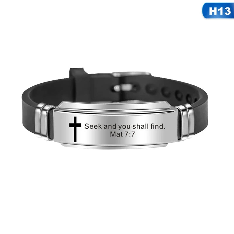 Men's Cross Bible Verse Bracelet – Faith Silicone Wristband w/ Stainless Steel ✨ Christian Gift for Him