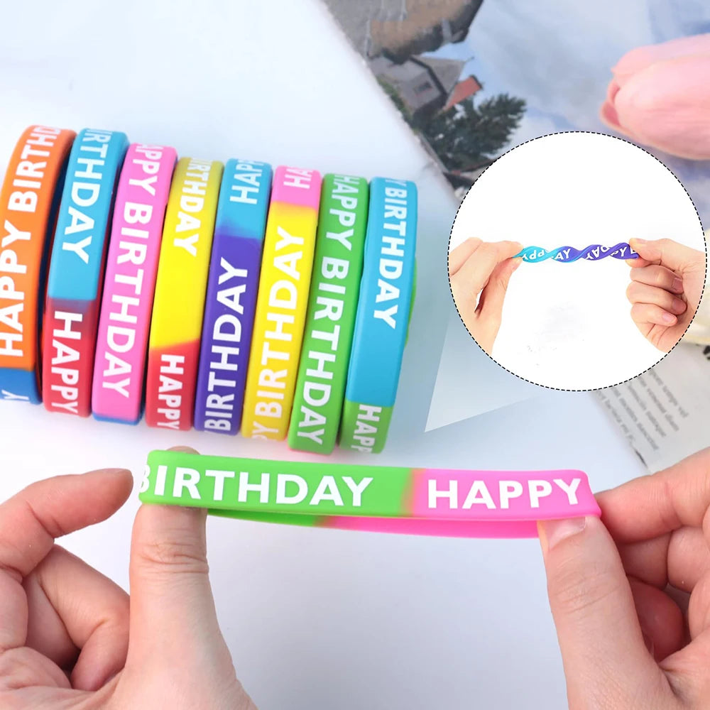 8/16Pcs Colorful Happy Birthday Rubber Bracelets | Kids Party Favors & Gifts | Classroom Rewards & Goodie Fillers