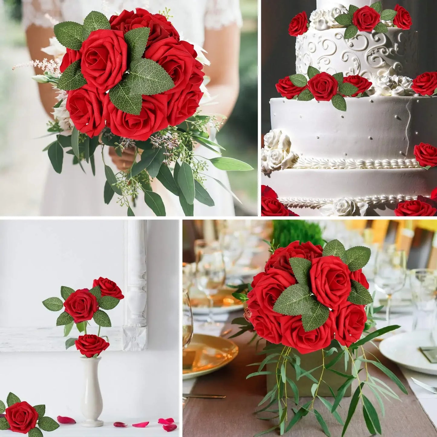 10/25PCS Realistic Artificial Red Roses 🌹 | Fake Flowers w/ Stems for Wedding, Party, Home & Holiday Decor