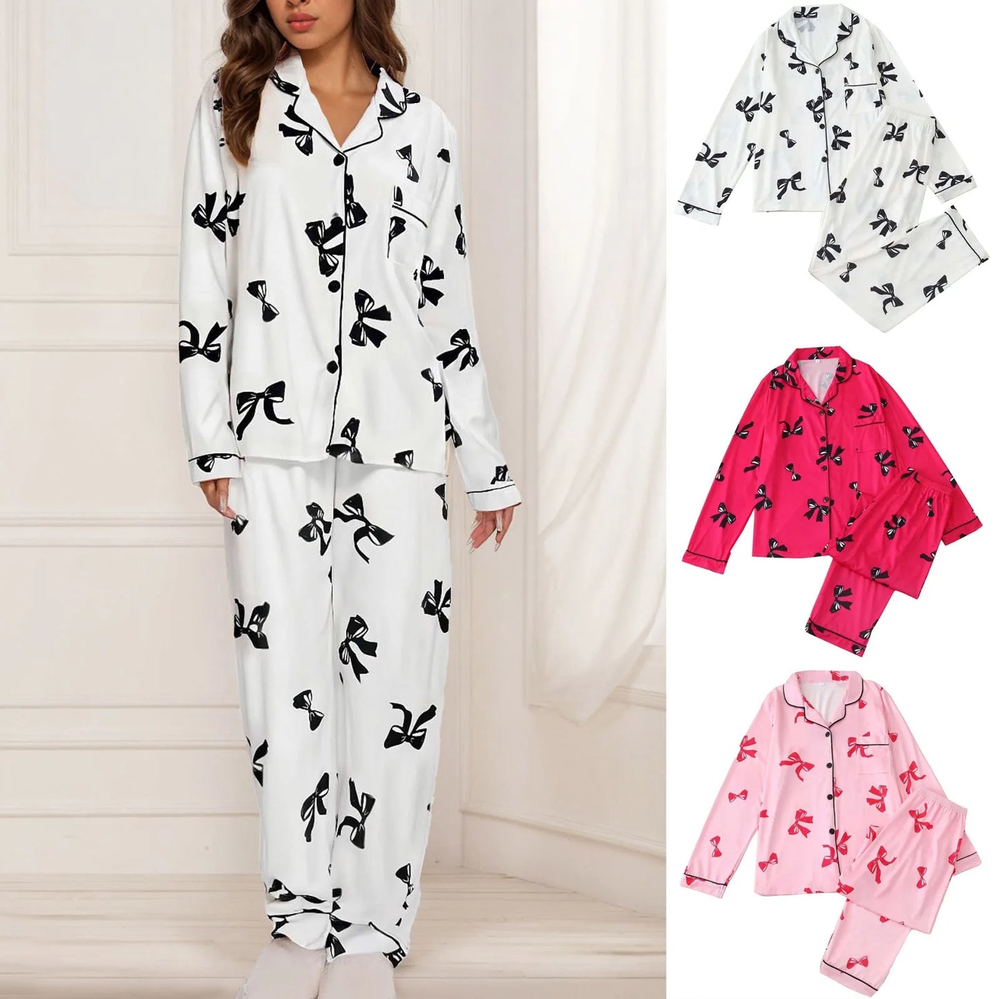 Cute Tie Bow Print Pajama Set for Women - Soft Long Sleeve Loungewear, Spring Sleepwear, Home Clothes