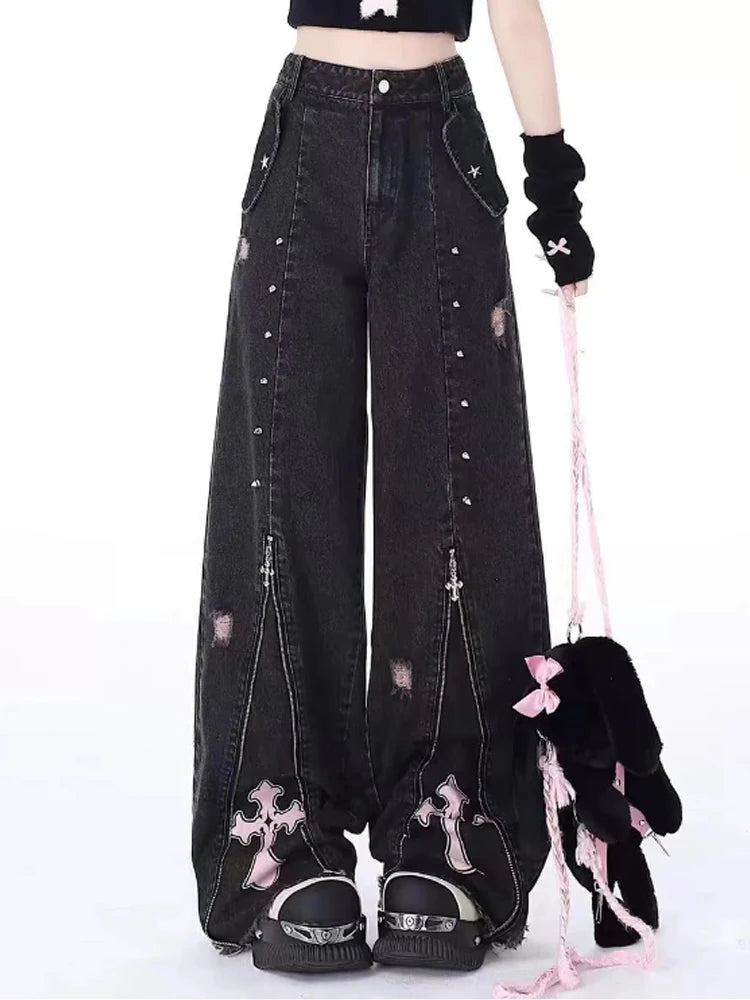 Women’s Black Gothic Oversized Jeans - Y2K Vintage Aesthetic Wide Leg Trousers