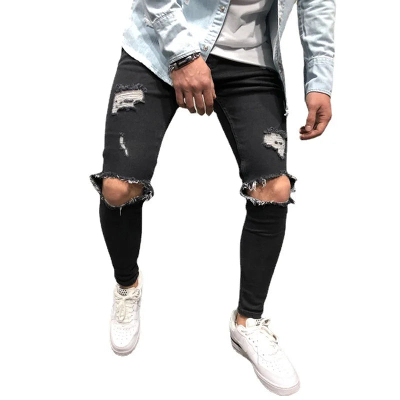 Men's High-Waisted Ripped Jeans 👖 Slim-Fit Stretch Denim Pants – Casual Pencil Trousers