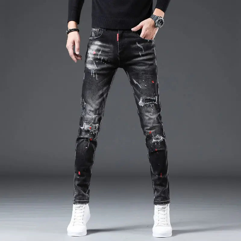 New Arrival Men's Slim Distressed Denim Jeans | Paint Splatter Ripped Streetwear | Spring & Autumn Luxury Jeans